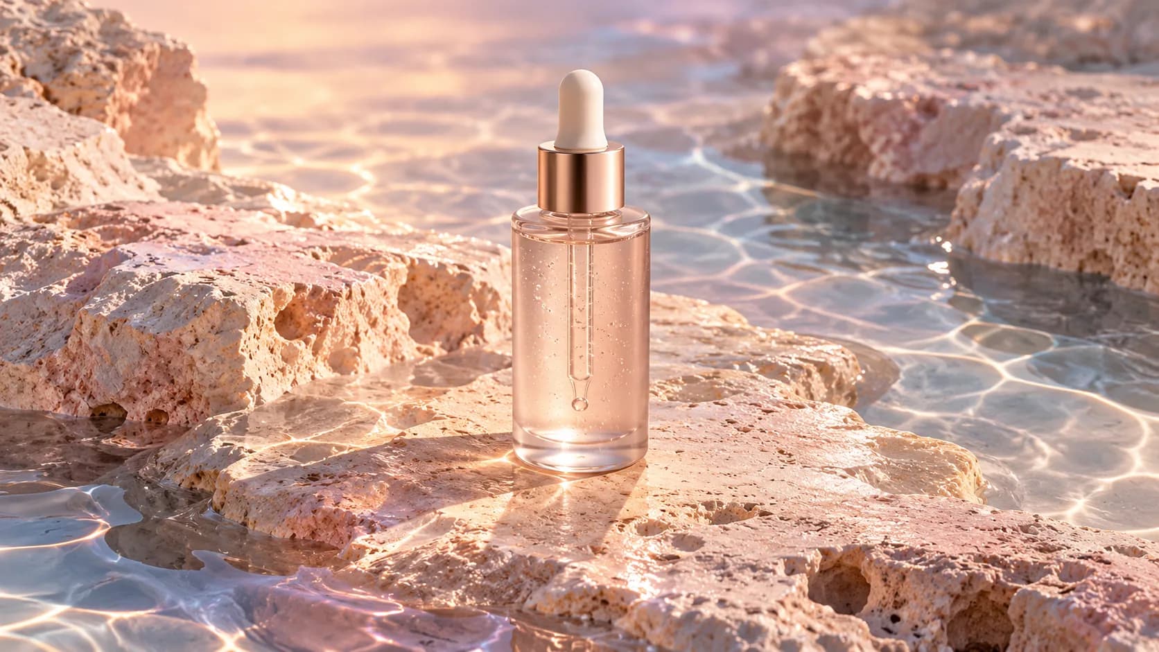 Unbranded serum bottle on pale stone
