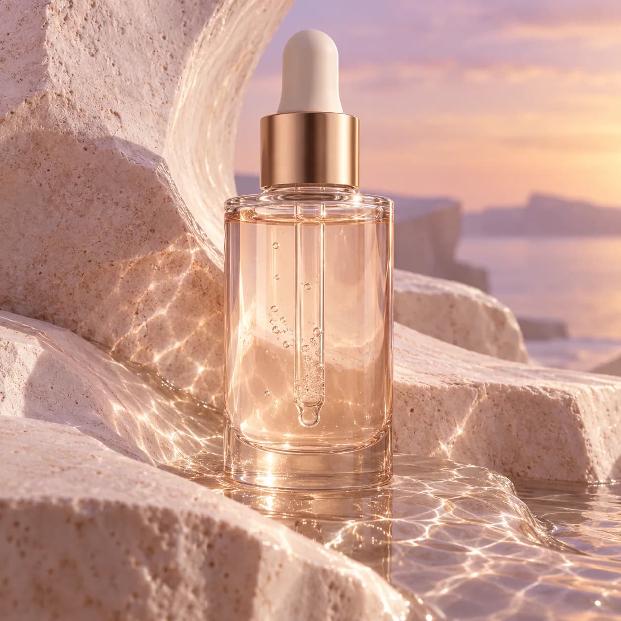 Unbranded skincare serum on a pink sculptural studio set