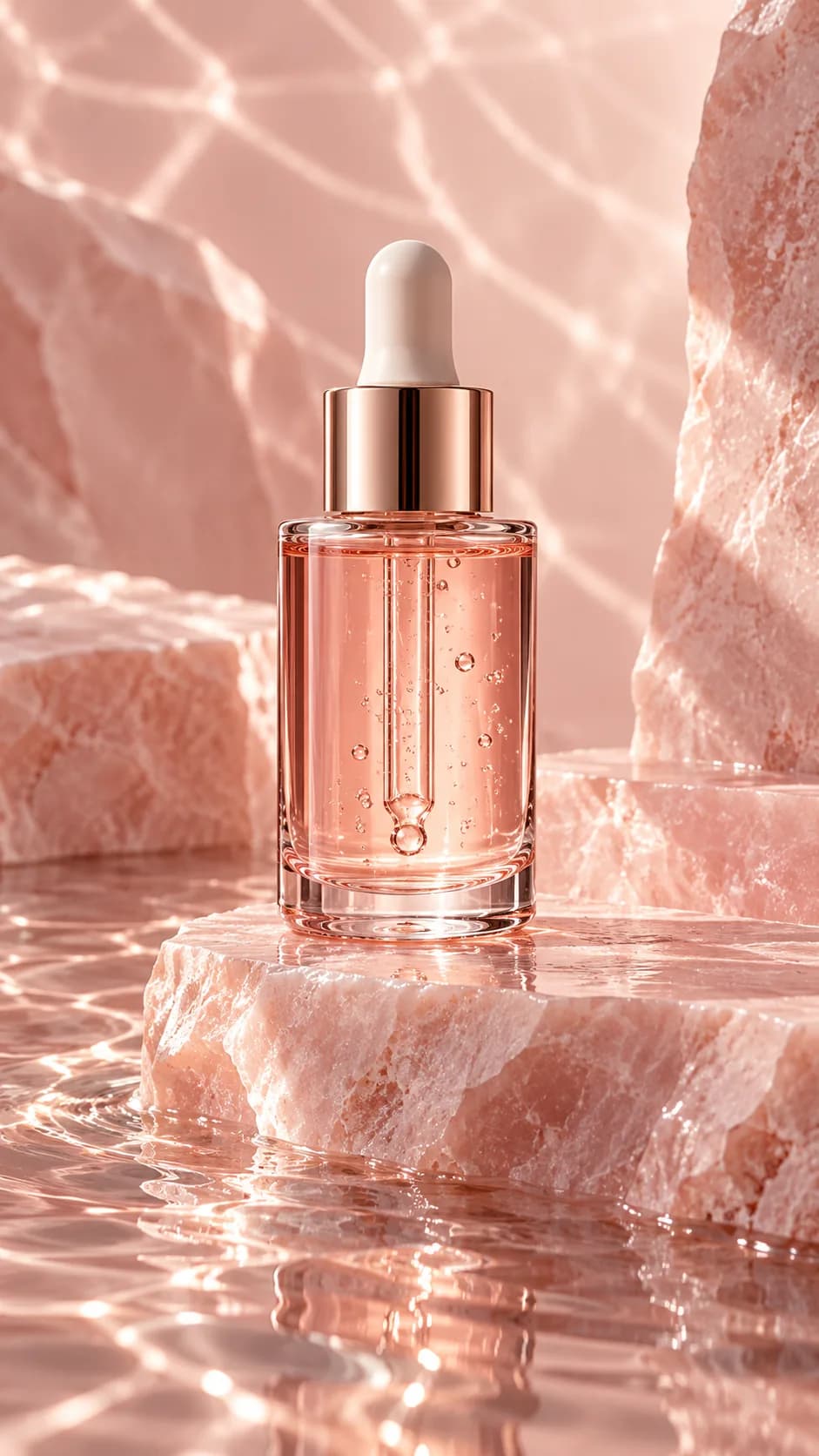 Unbranded skincare serum on a pink sculptural studio set