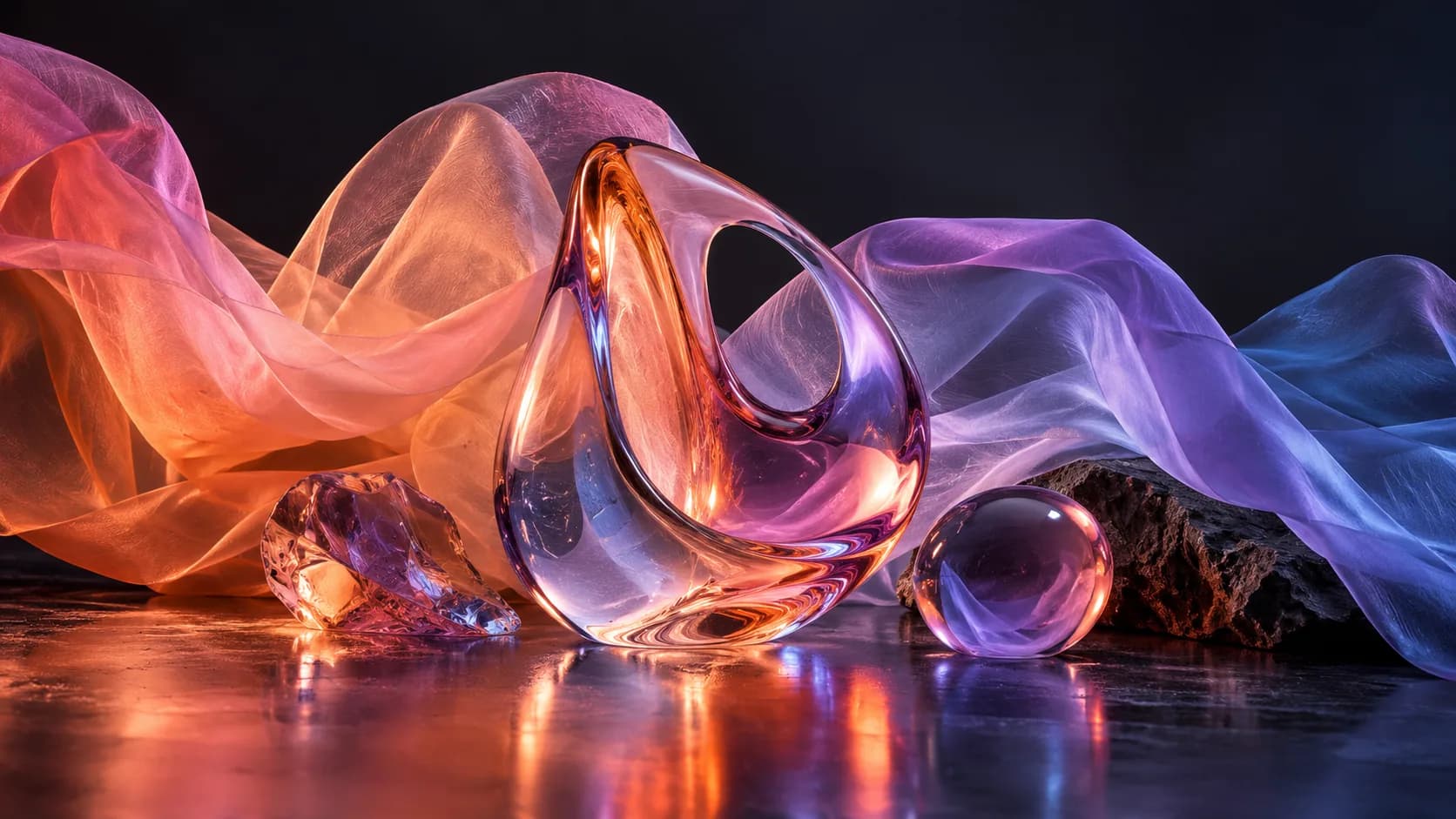Sculptural glass and flowing fabric in AURO colors