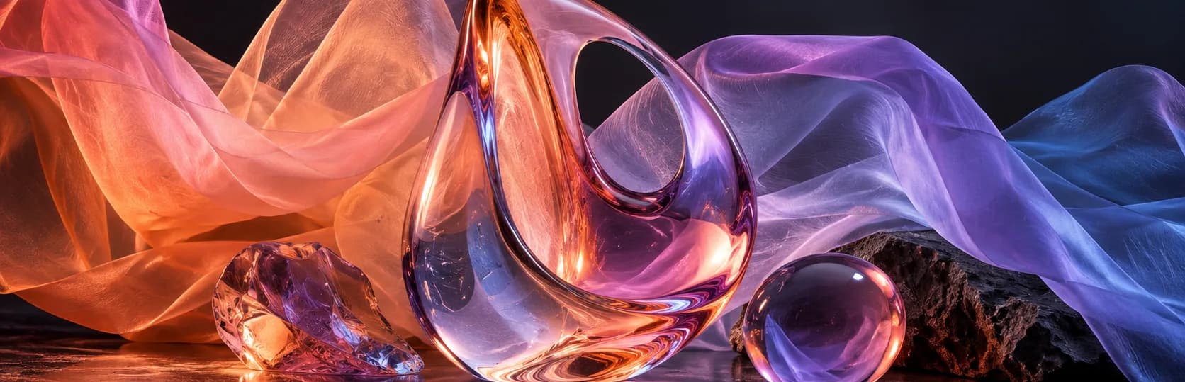 Colorful sculptural glass and flowing fabric in a dark studio