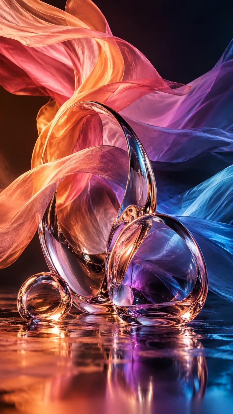 Colorful sculptural glass and flowing fabric in a dark studio