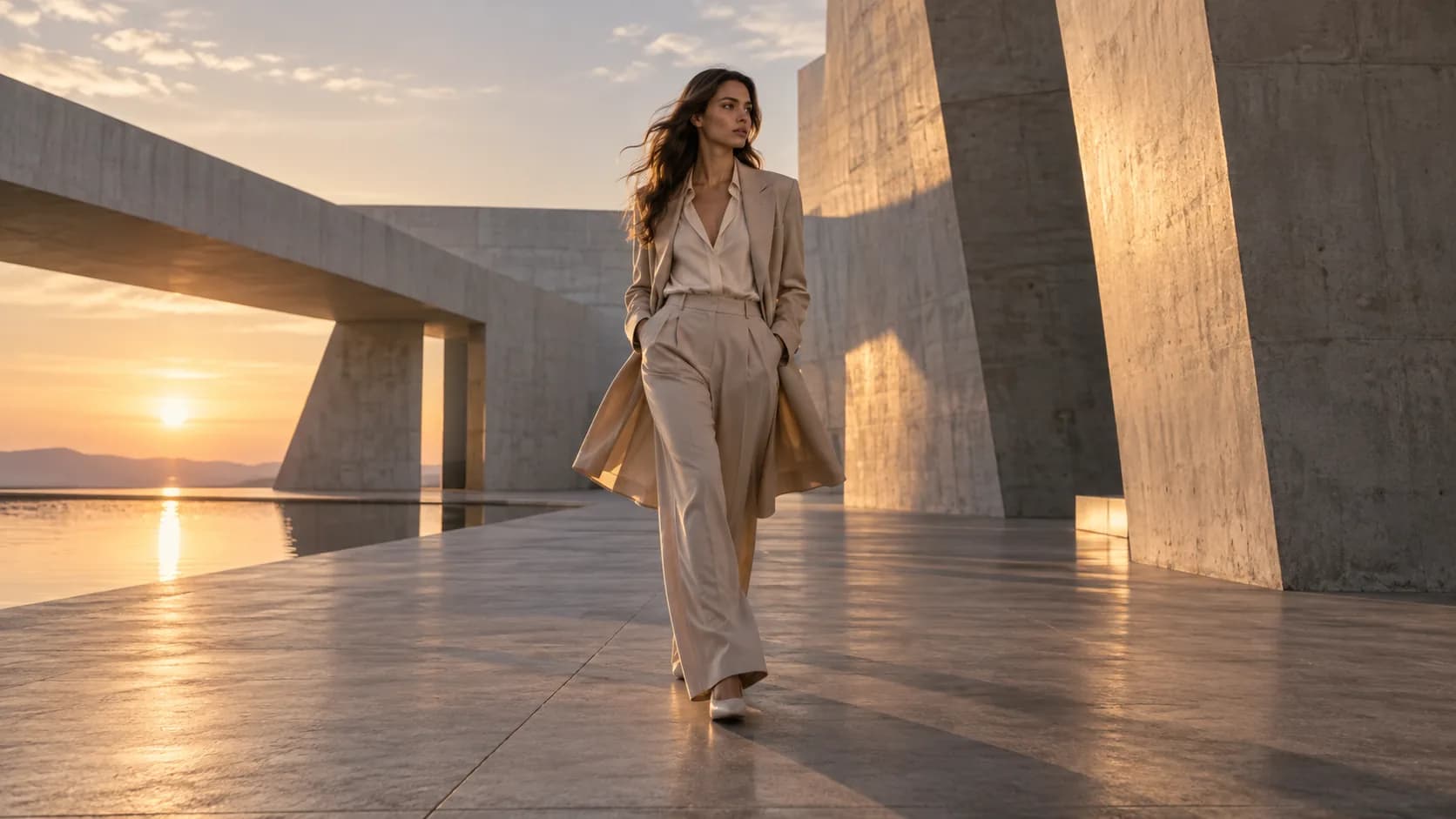Model in neutral tailoring beside contemporary architecture