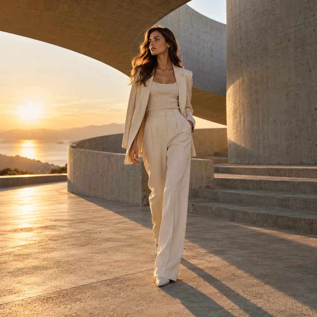 Fashion model walking through modern concrete architecture