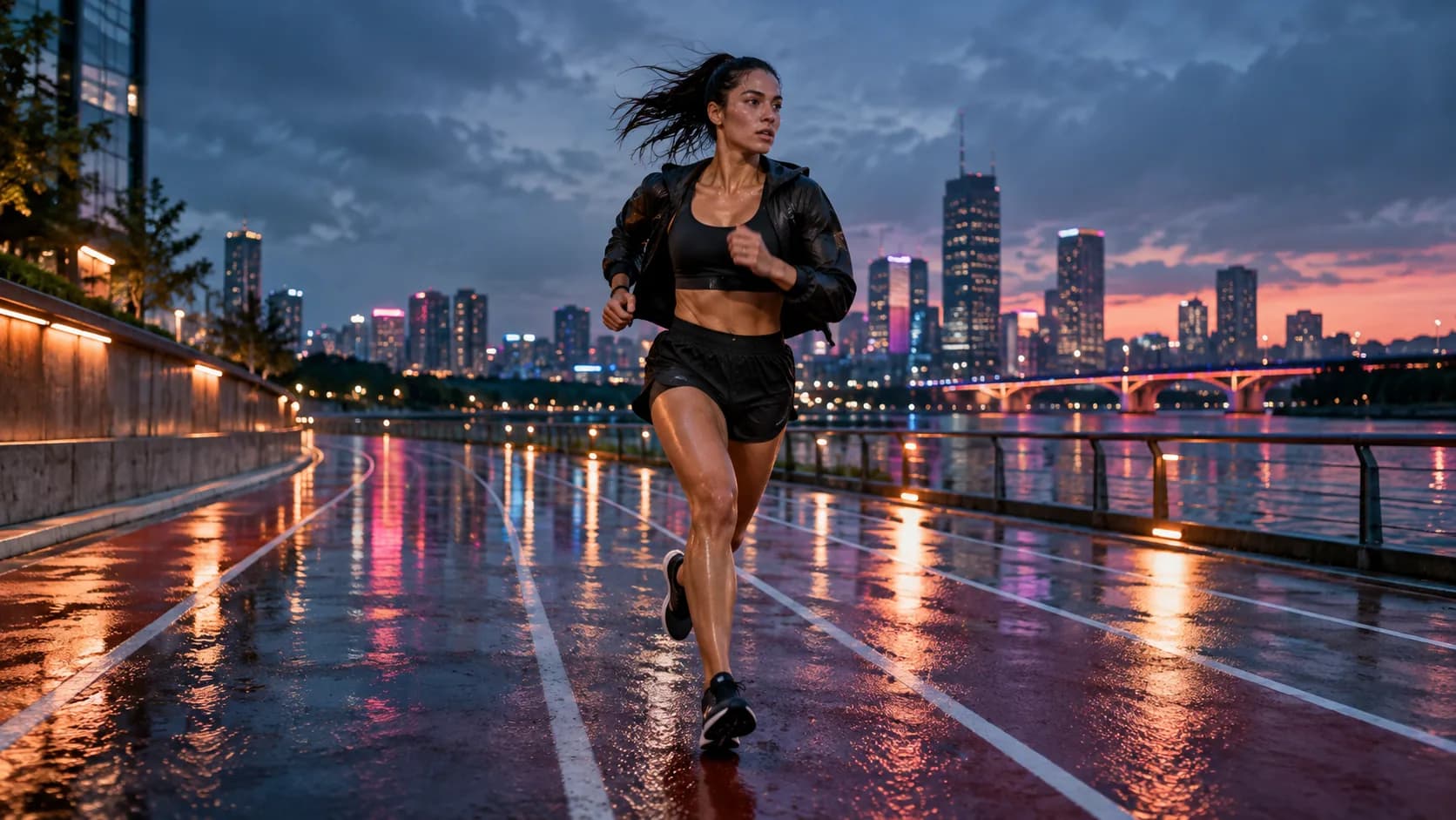 Athlete running on a wet city track at dusk