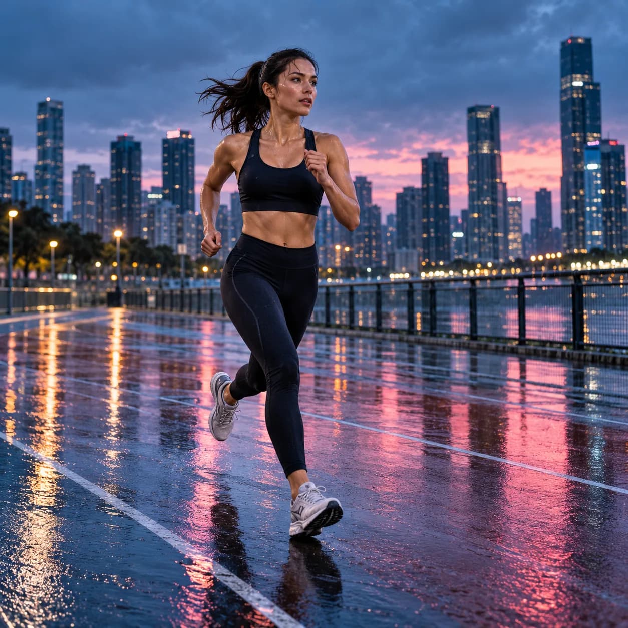 Athlete training in black sportswear under dramatic gym lighting