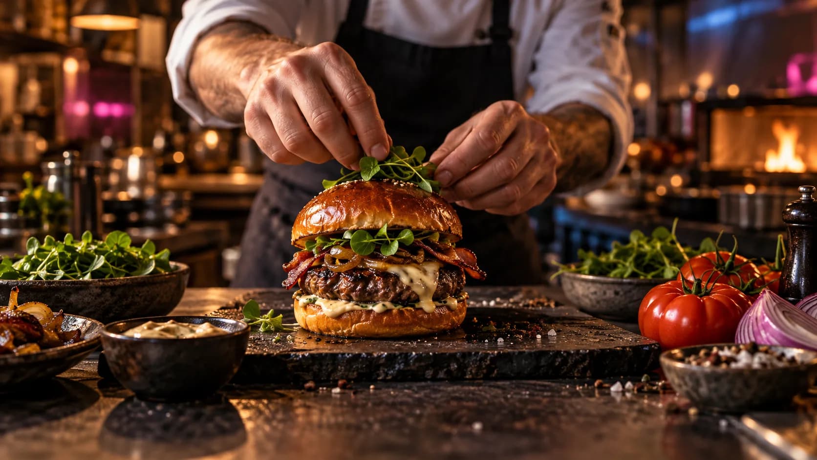 Chef preparing a premium burger in a warmly lit kitchen