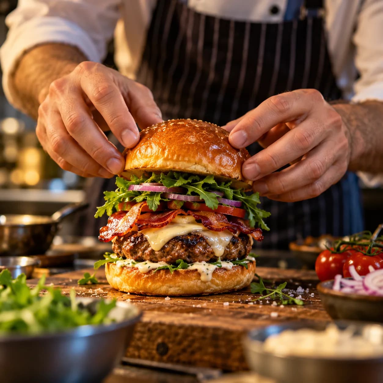 Chef preparing a premium burger in a warmly lit kitchen