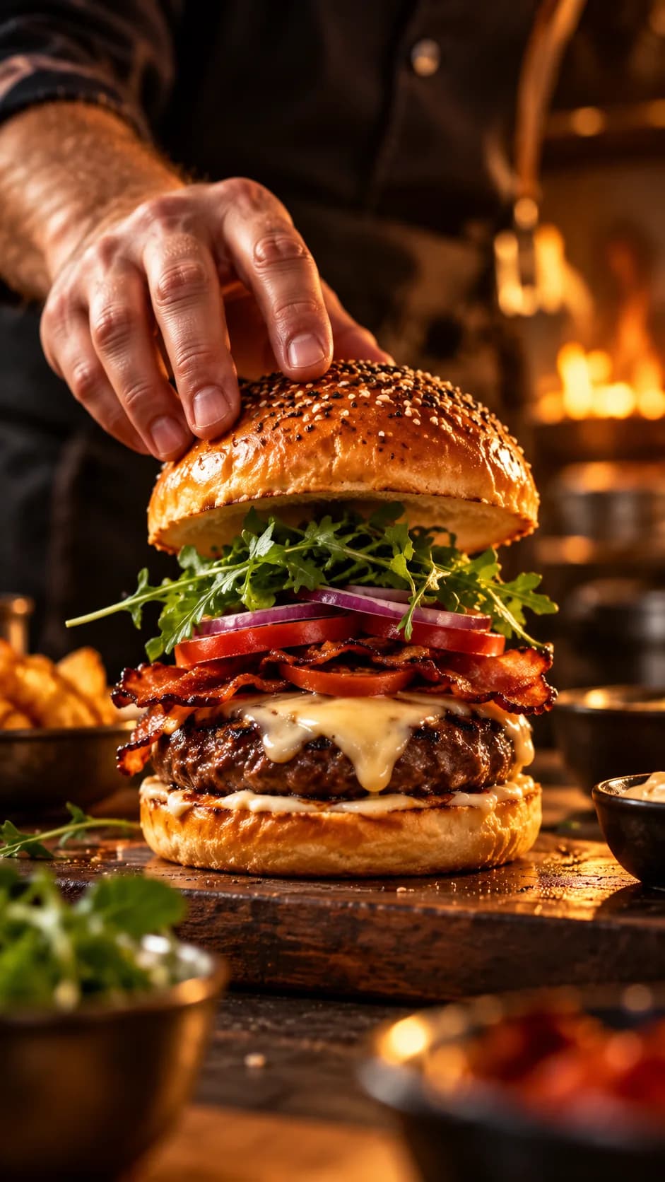 Chef preparing a premium burger in a warmly lit kitchen