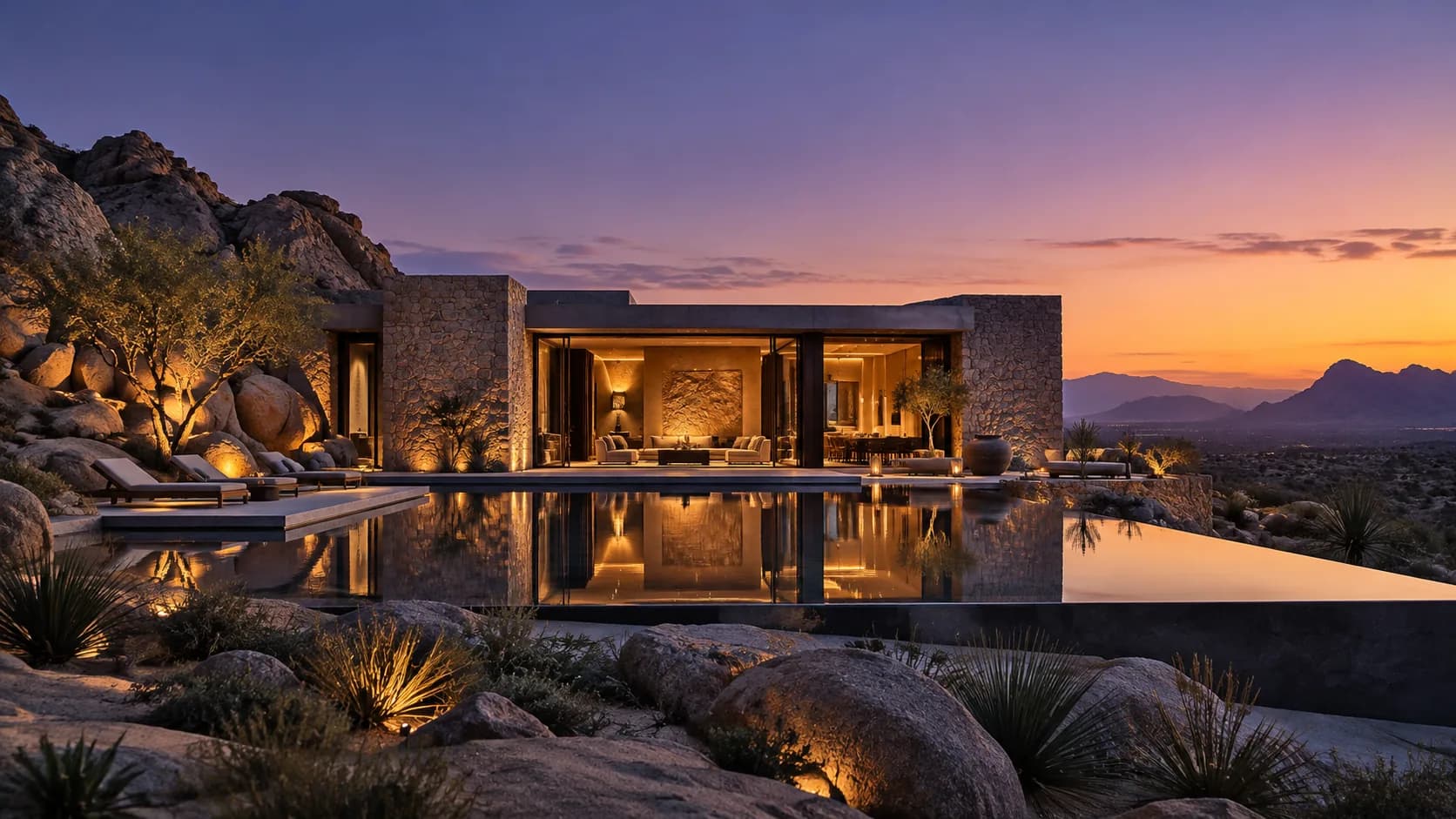 Luxury desert resort architecture at sunset