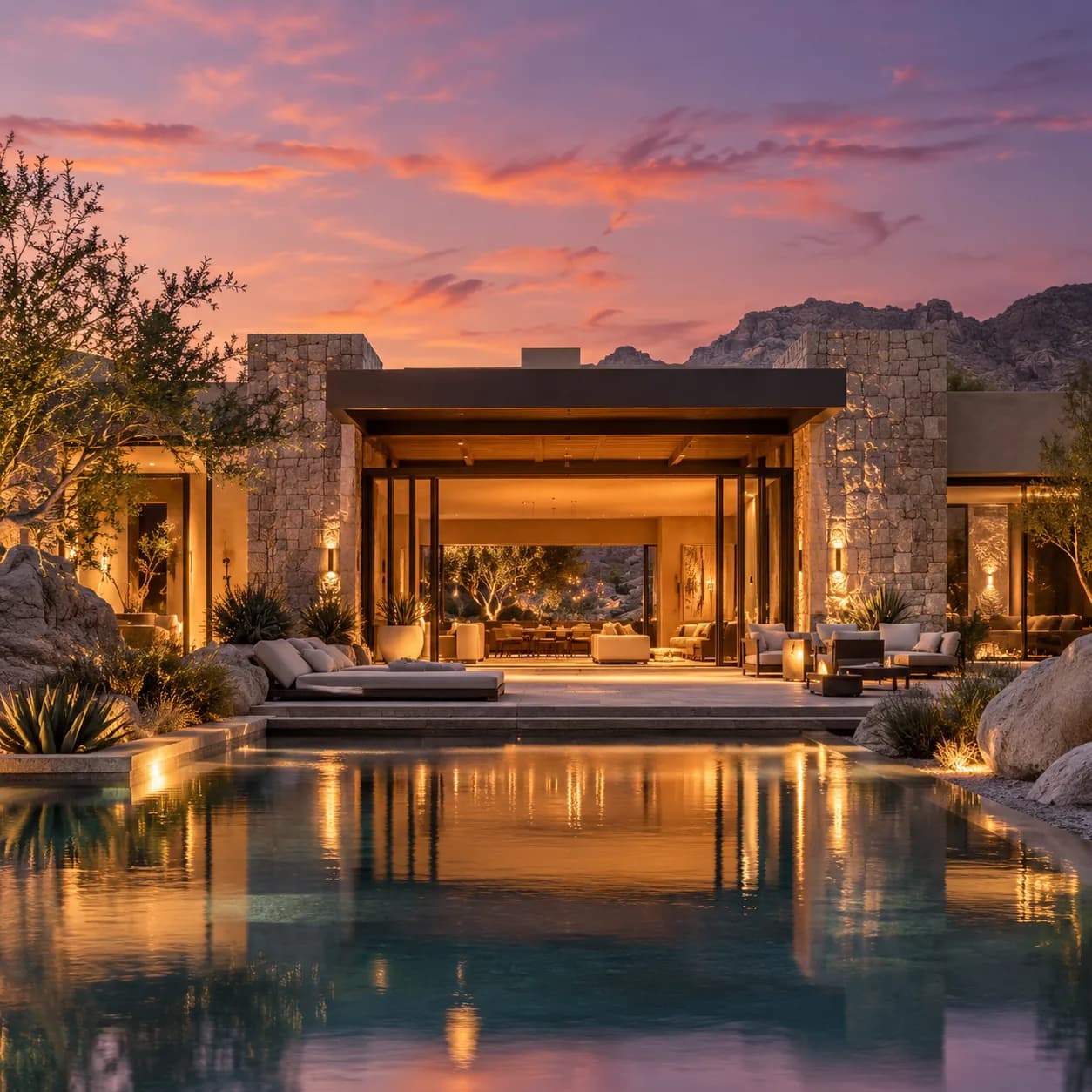 Luxury desert resort architecture at sunset