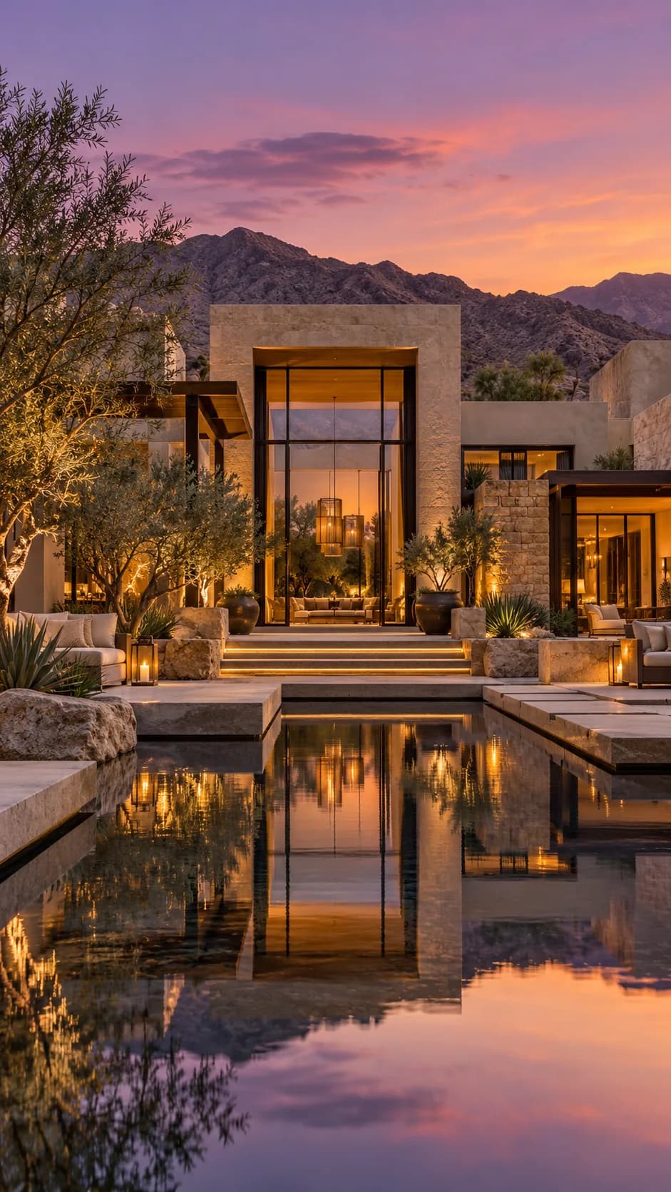 Luxury desert resort architecture at sunset